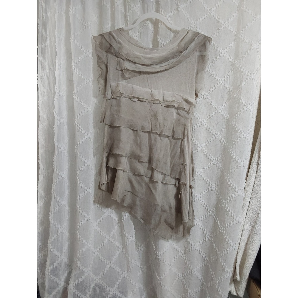 Prodotto In Italy Silk Trim Tiered Asymmetrical Top Taupe Beige Sleeveless